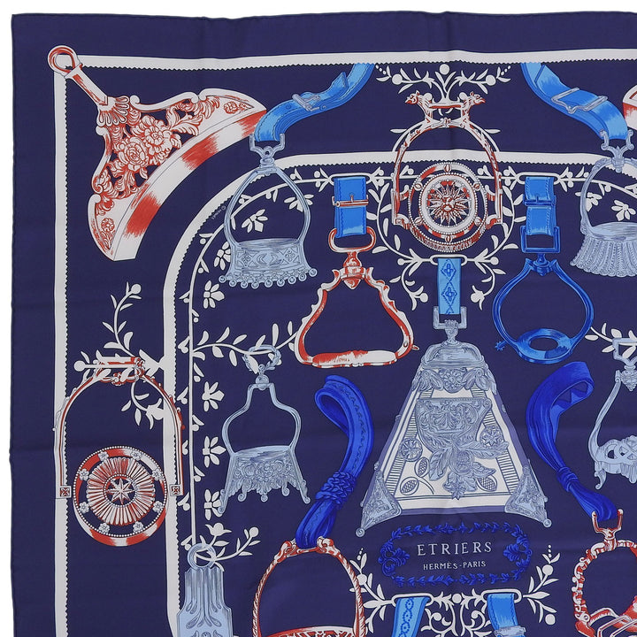 Excellent HERMES scarf ETRIERS Carre 90 Navy silk Women