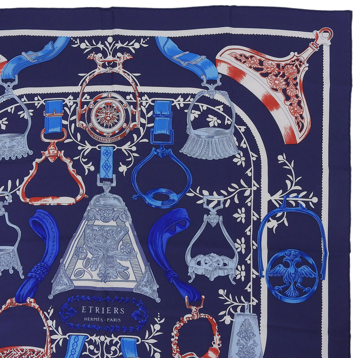 Excellent HERMES scarf ETRIERS Carre 90 Navy silk Women