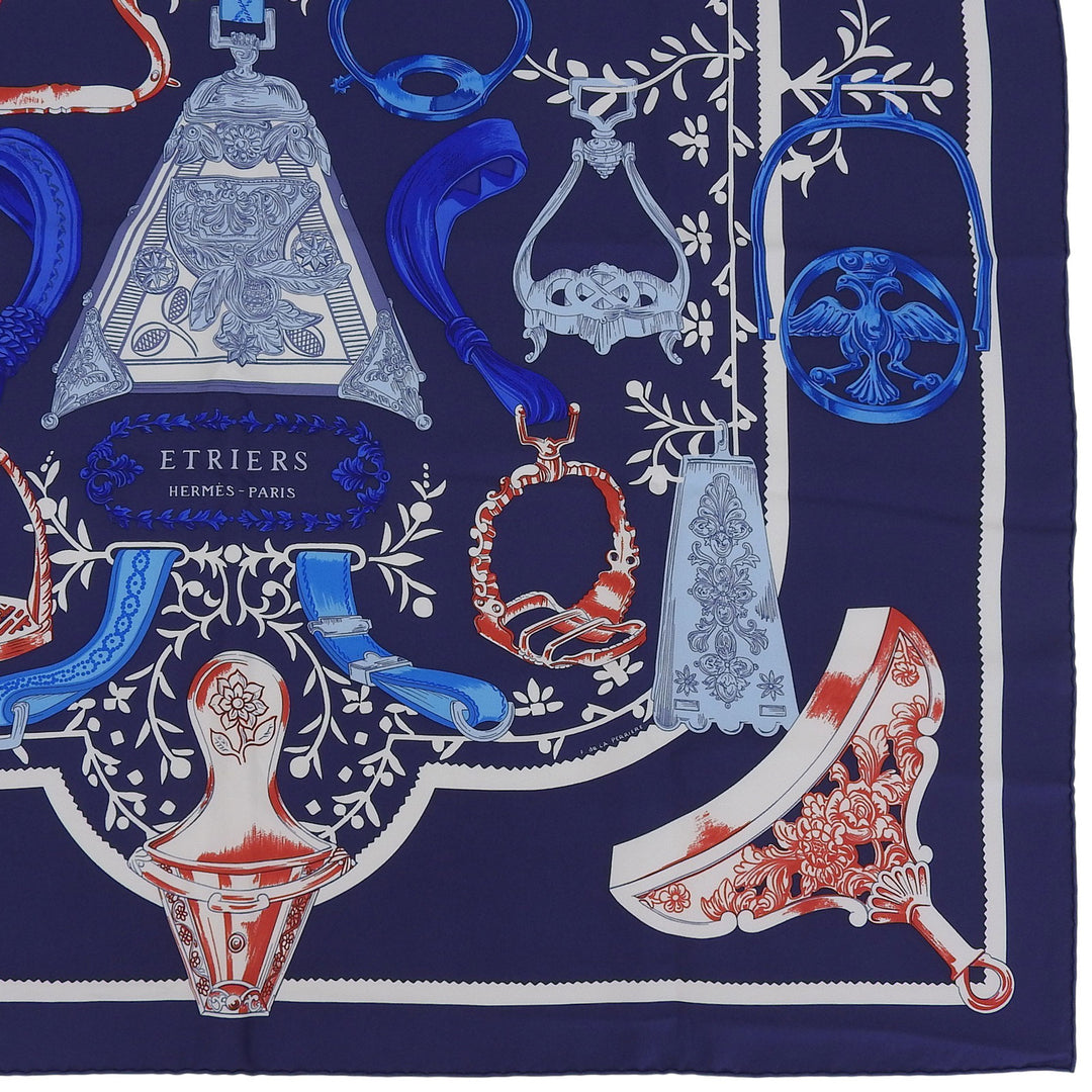 Excellent HERMES scarf ETRIERS Carre 90 Navy silk Women