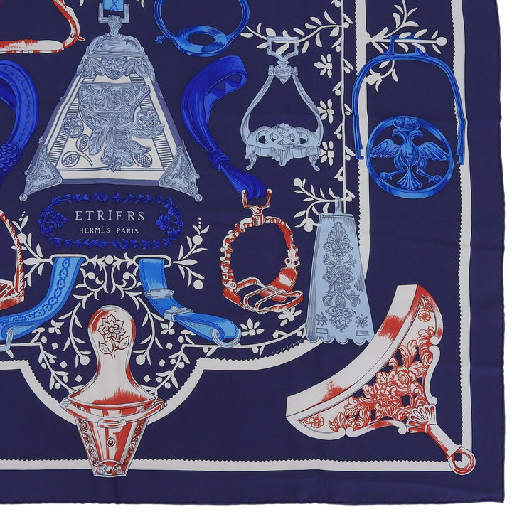 Excellent HERMES scarf ETRIERS Carre 90 Navy silk Women