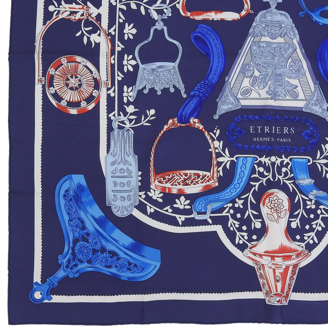 Excellent HERMES scarf ETRIERS Carre 90 Navy silk Women