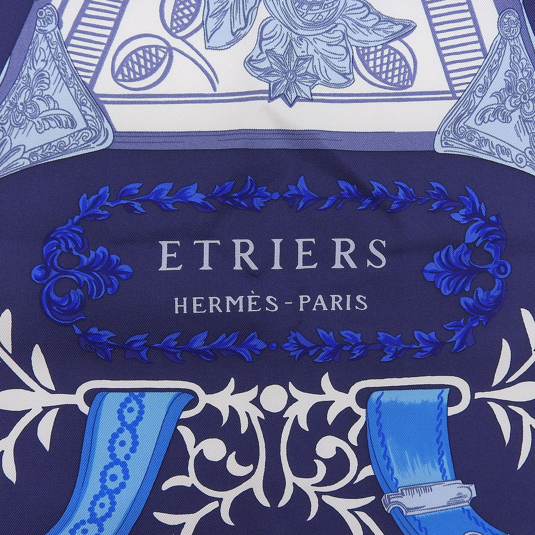 Excellent HERMES scarf ETRIERS Carre 90 Navy silk Women