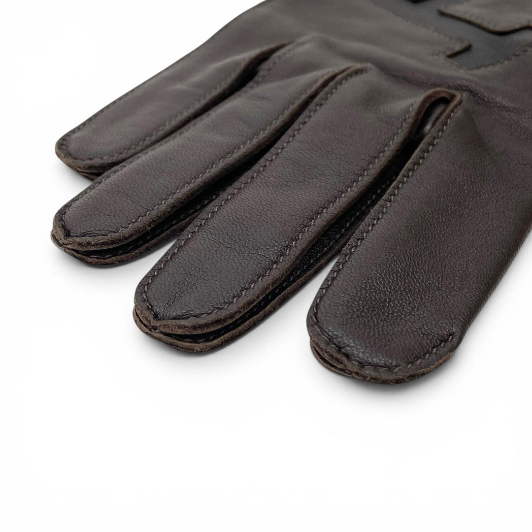 Excellent HERMES gloves Dark brown lambskin Leather mens 8.5