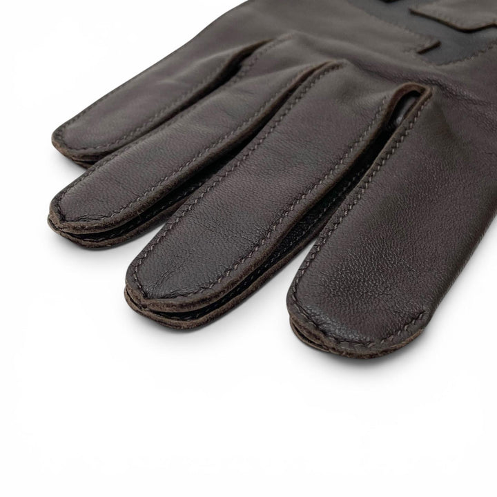 Excellent HERMES gloves Dark brown lambskin Leather mens 8.5