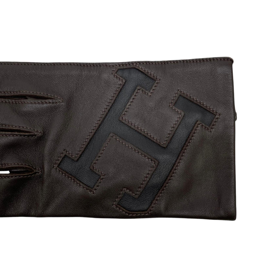 Excellent HERMES gloves Dark brown lambskin Leather mens 8.5