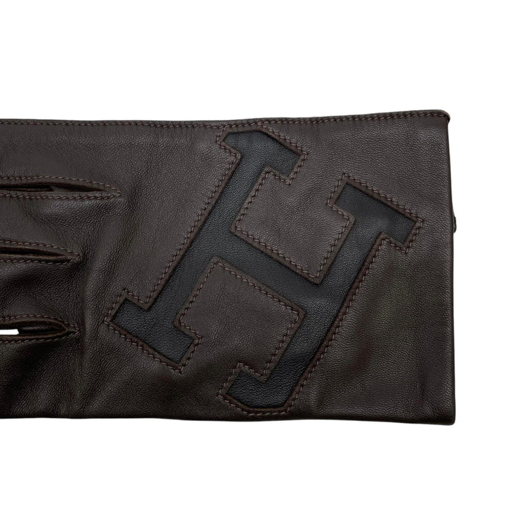 Excellent HERMES gloves Dark brown lambskin Leather mens 8.5