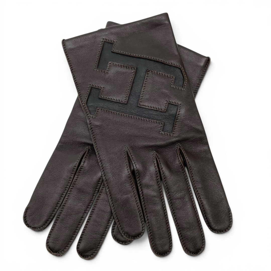 Excellent HERMES gloves Dark brown lambskin Leather mens 8.5