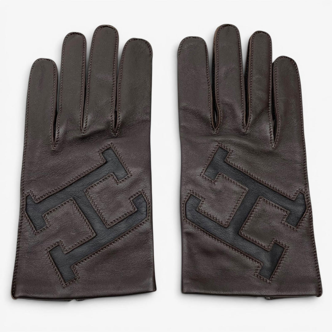 Excellent HERMES gloves Dark brown lambskin Leather mens 8.5