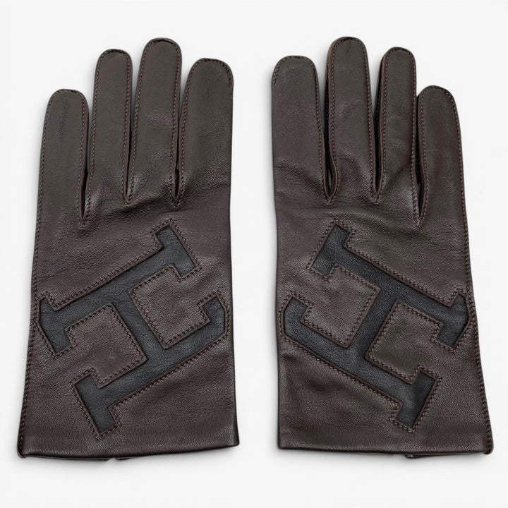 Excellent HERMES gloves Dark brown lambskin Leather mens 8.5