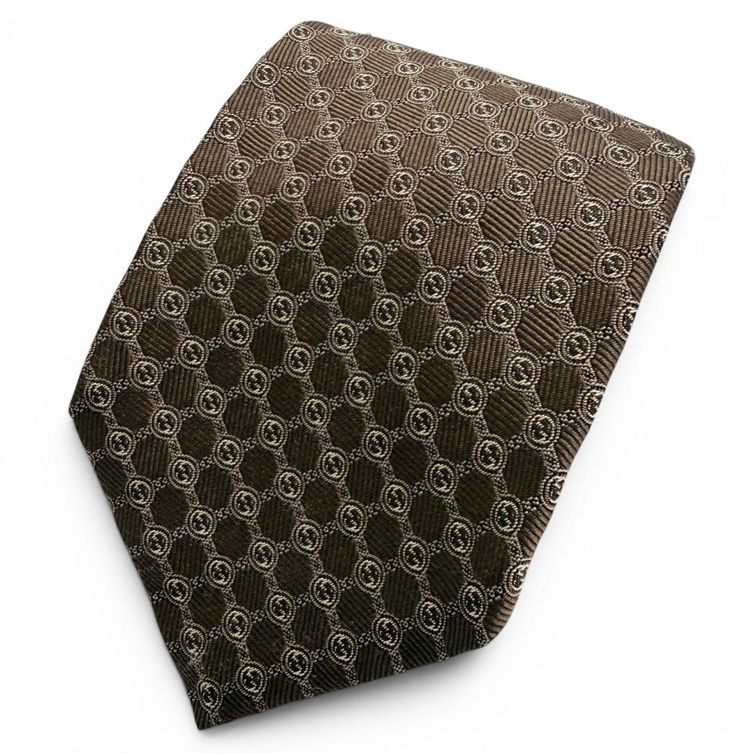 Excellent GUCCI tie Interlocking G Jacquard Dark brown silk mens