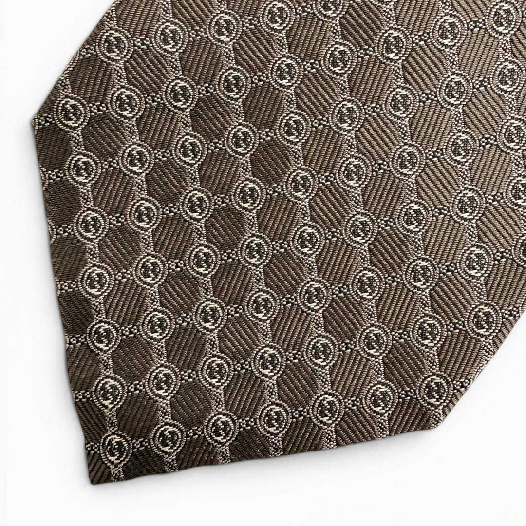 Excellent GUCCI tie Interlocking G Jacquard Dark brown silk mens