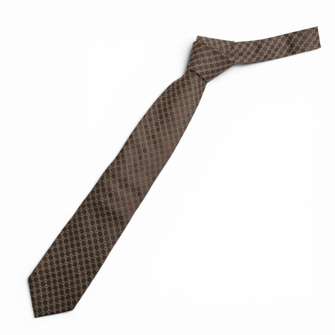 Excellent GUCCI tie Interlocking G Jacquard Dark brown silk mens