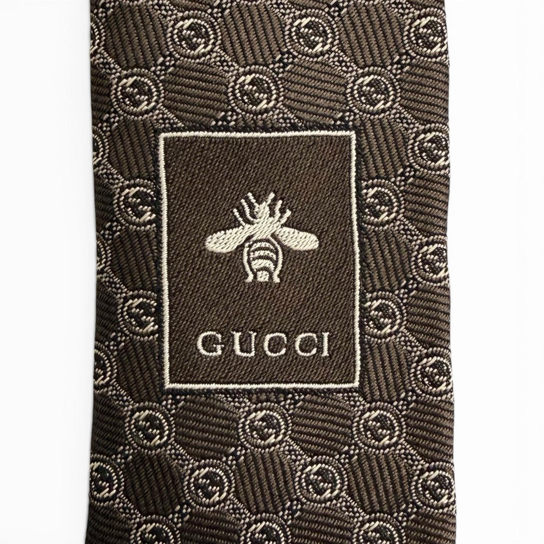 Excellent GUCCI tie Interlocking G Jacquard Dark brown silk mens