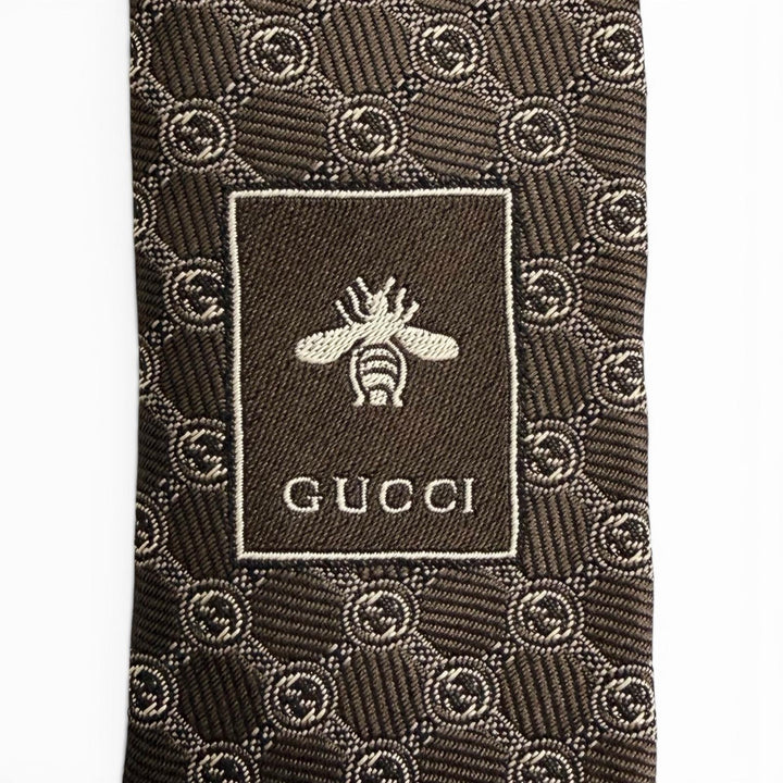 Excellent GUCCI tie Interlocking G Jacquard Dark brown silk mens