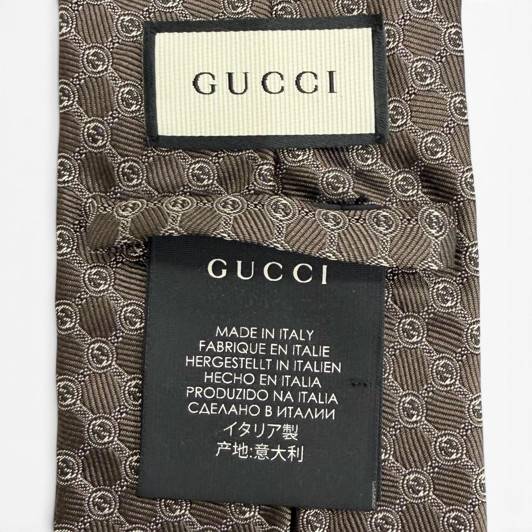 Excellent GUCCI tie Interlocking G Jacquard Dark brown silk mens