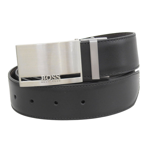 Pristine HUGO BOSS belt Logo Square Buckle Reversible black leather mens