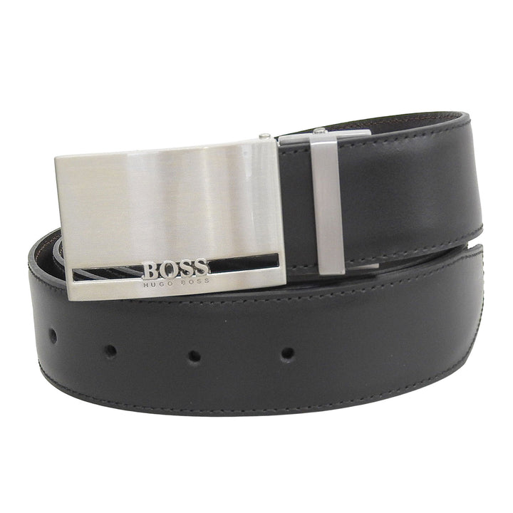 Pristine HUGO BOSS belt Logo Square Buckle Reversible black leather mens