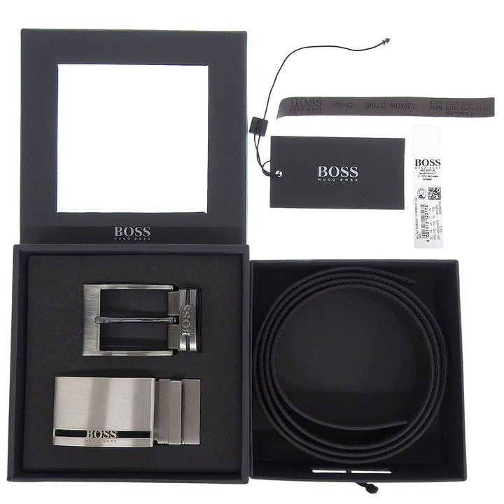 Pristine HUGO BOSS belt Logo Square Buckle Reversible black leather mens