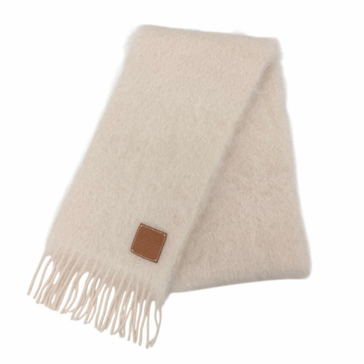 Excellent LOEWE Scarf Anagram leather patch with fringe Ivory mohair Women