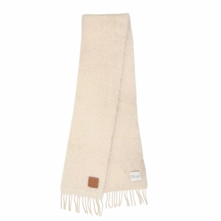 Excellent LOEWE Scarf Anagram leather patch with fringe Ivory mohair Women