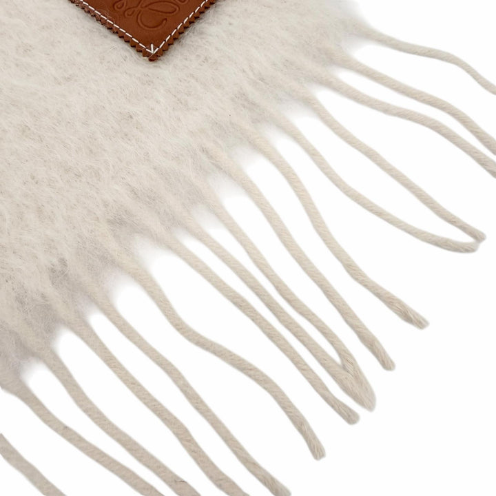 Excellent LOEWE Scarf Anagram leather patch with fringe Ivory mohair Women