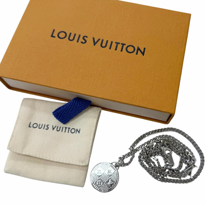 Excellent LOUIS VUITTON Necklace Pendant Damier Staple Silver mens M02446