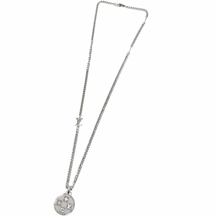 Excellent LOUIS VUITTON Necklace Pendant Damier Staple Silver mens M02446