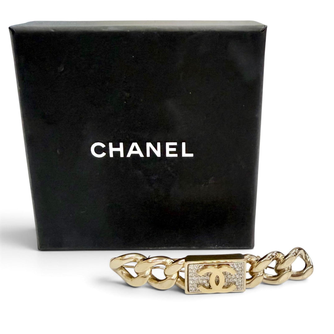 Great CHANEL Valletta COCO Mark Rhinestone Cuban Link Chain Motif Hair Clip B21C