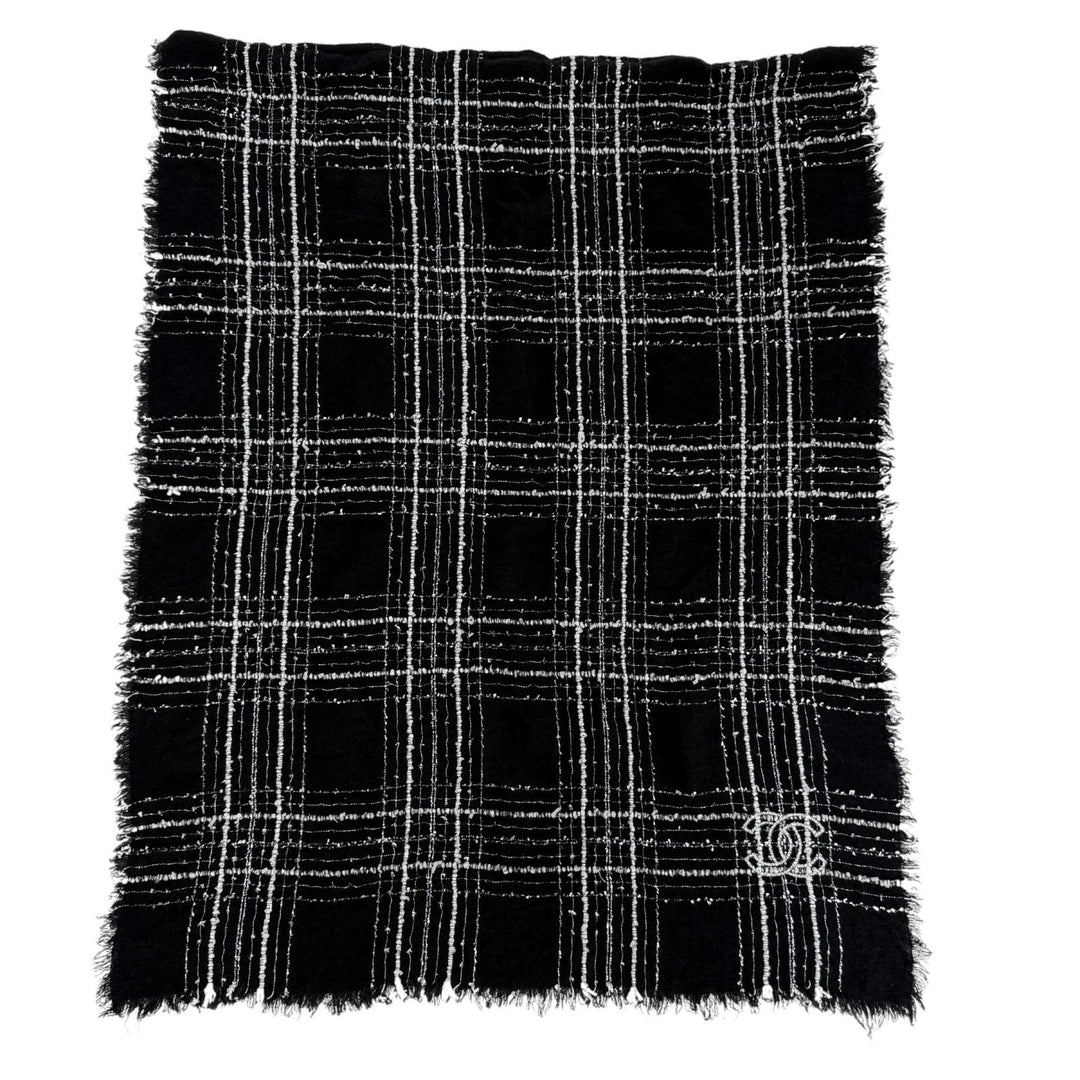Great CHANEL Stall Cashmere and silk blend COCO Mark ribbon tweed check 23B