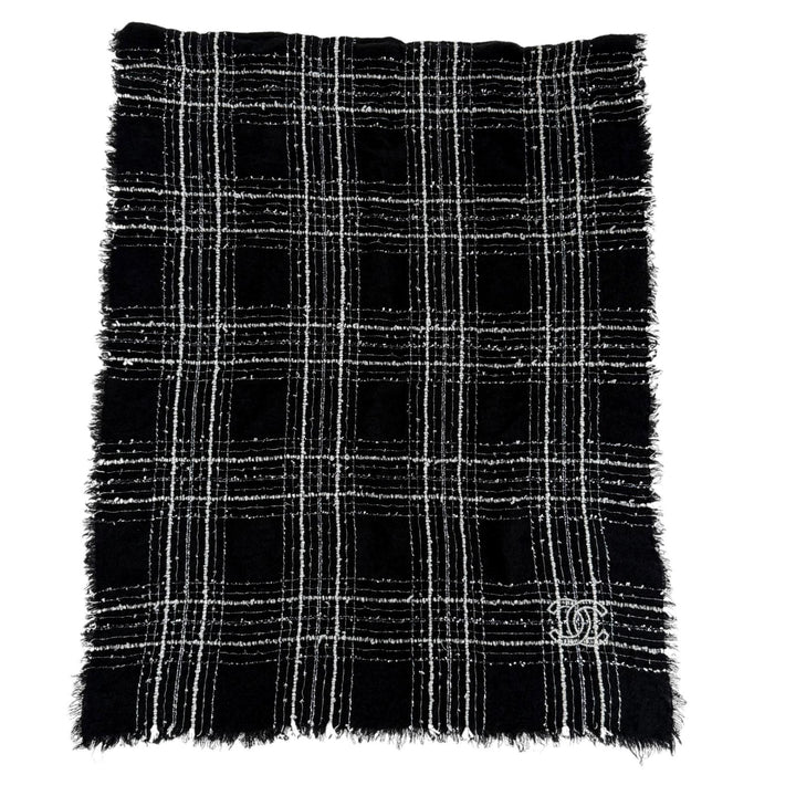 Great CHANEL Stall Cashmere and silk blend COCO Mark ribbon tweed check 23B