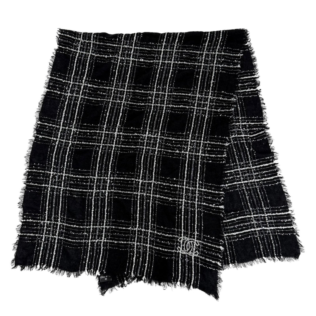 Great CHANEL Stall Cashmere and silk blend COCO Mark ribbon tweed check 23B
