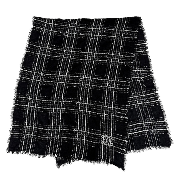 Great CHANEL Stall Cashmere and silk blend COCO Mark ribbon tweed check 23B