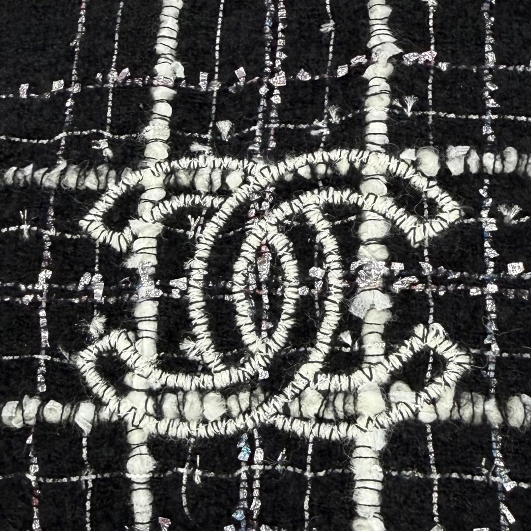 Great CHANEL Stall Cashmere and silk blend COCO Mark ribbon tweed check 23B