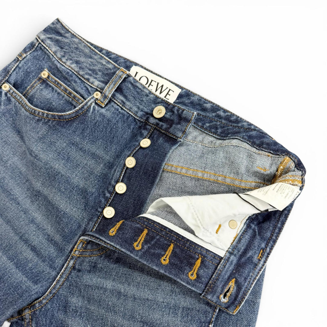 Excellent LOEWE Denim pants ASYMMETRIC JE DENIM Logo leather patch 46 H526Y11X59