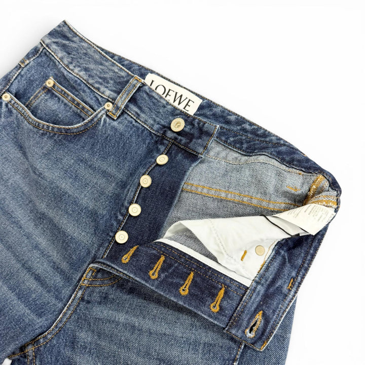 Excellent LOEWE Denim pants ASYMMETRIC JE DENIM Logo leather patch 46 H526Y11X59