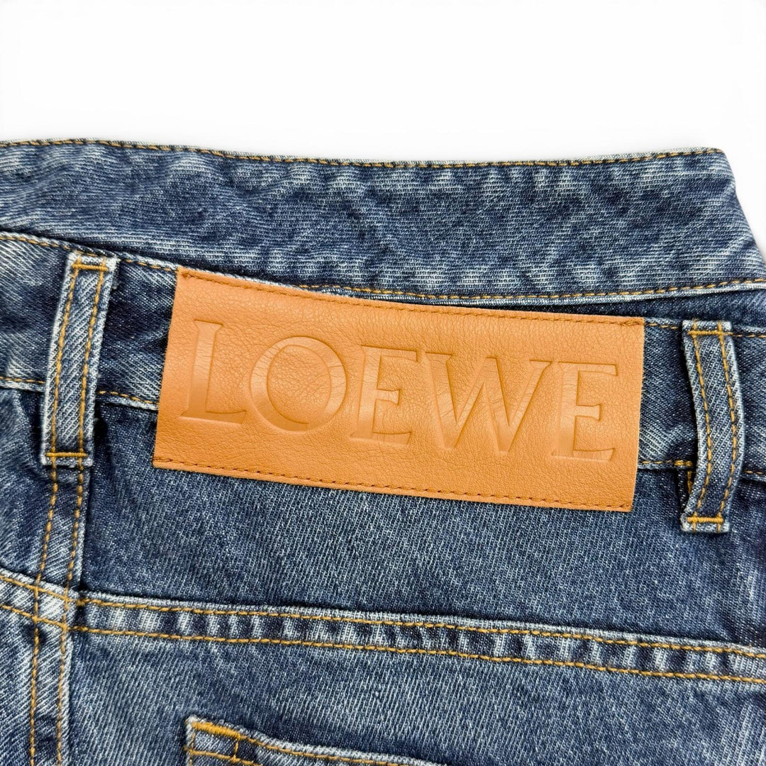 Excellent LOEWE Denim pants ASYMMETRIC JE DENIM Logo leather patch 46 H526Y11X59