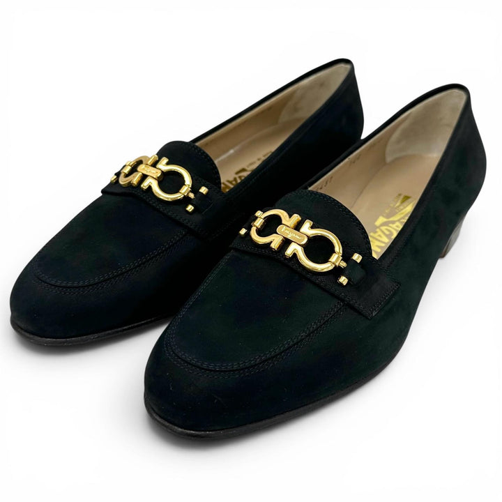 Pristine Salvatore Ferragamo pumps BABS Double Gancini Dark navy Suede leather