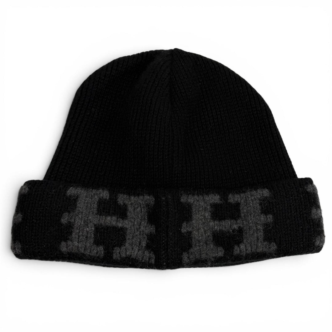 Great HERMES Knit cap Margiela era H logo knit hat black cashmere Women XL