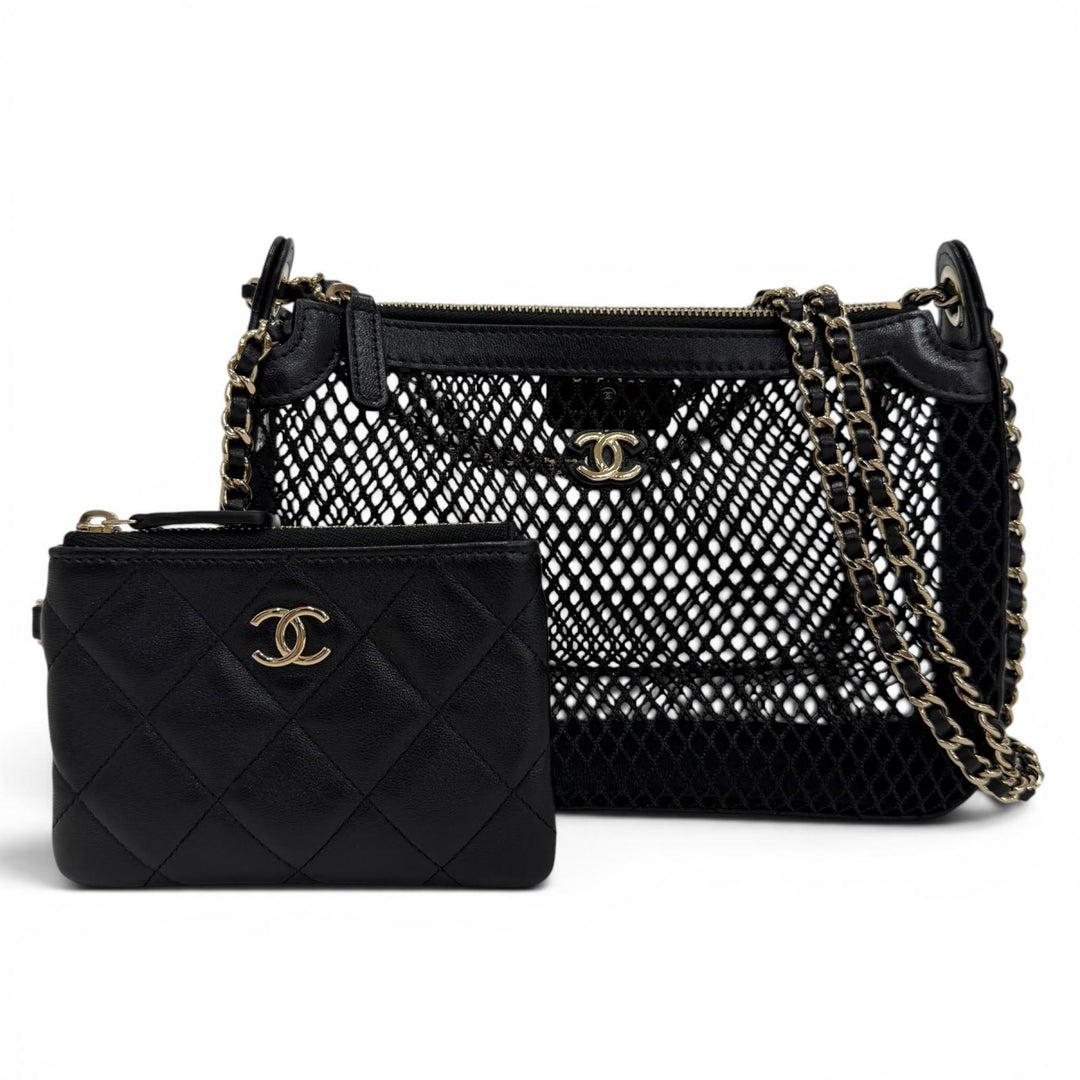 Pristine CHANEL Shoulder Bag COCO Mark Pouch with Leather Trim and Mesh AP4572