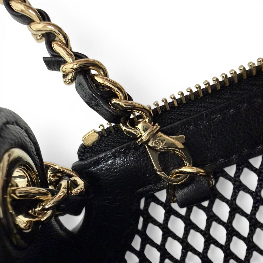 Pristine CHANEL Shoulder Bag COCO Mark Pouch with Leather Trim and Mesh AP4572