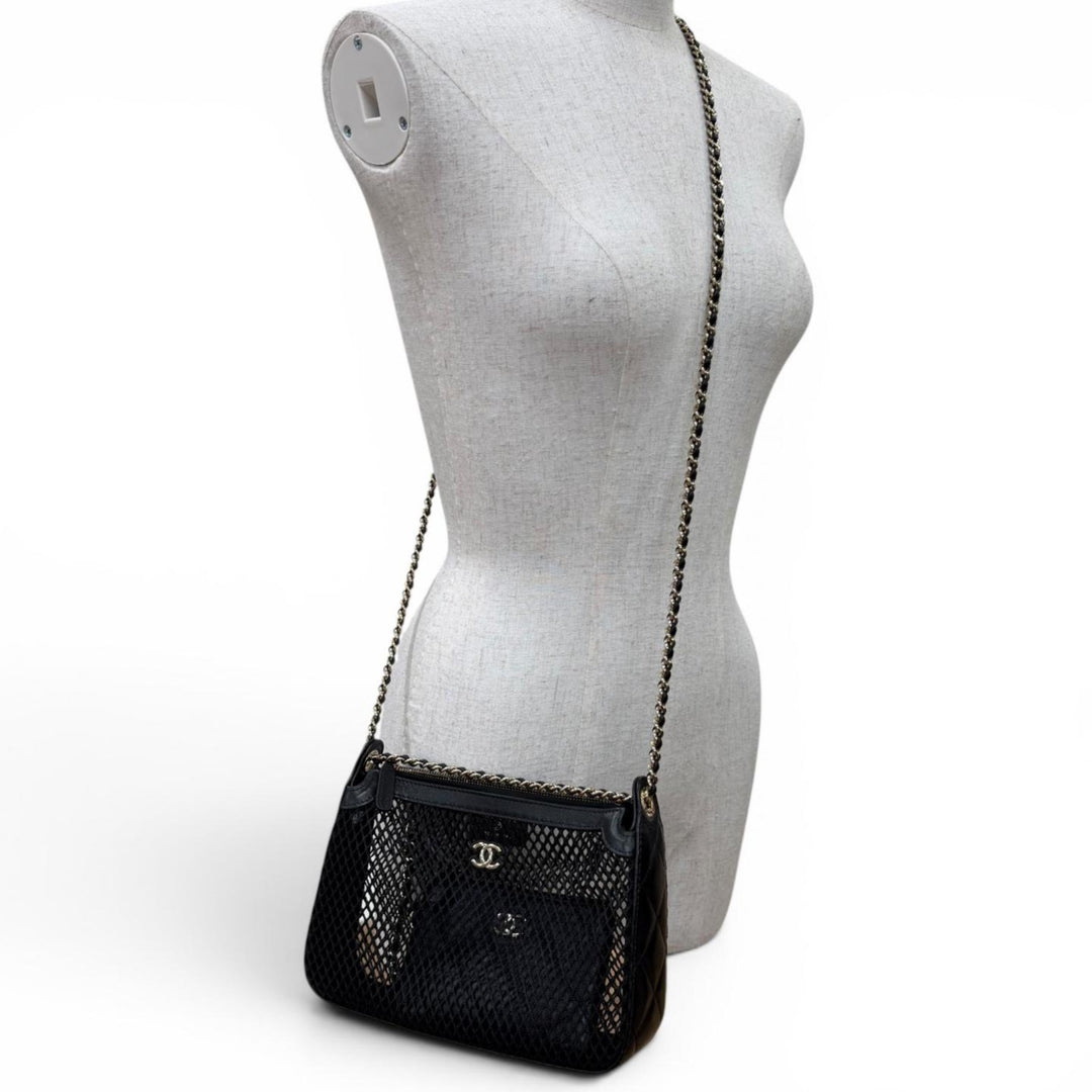 Pristine CHANEL Shoulder Bag COCO Mark Pouch with Leather Trim and Mesh AP4572
