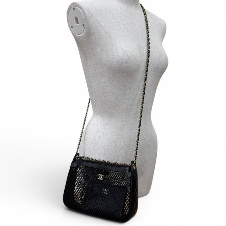 Pristine CHANEL Shoulder Bag COCO Mark Pouch with Leather Trim and Mesh AP4572