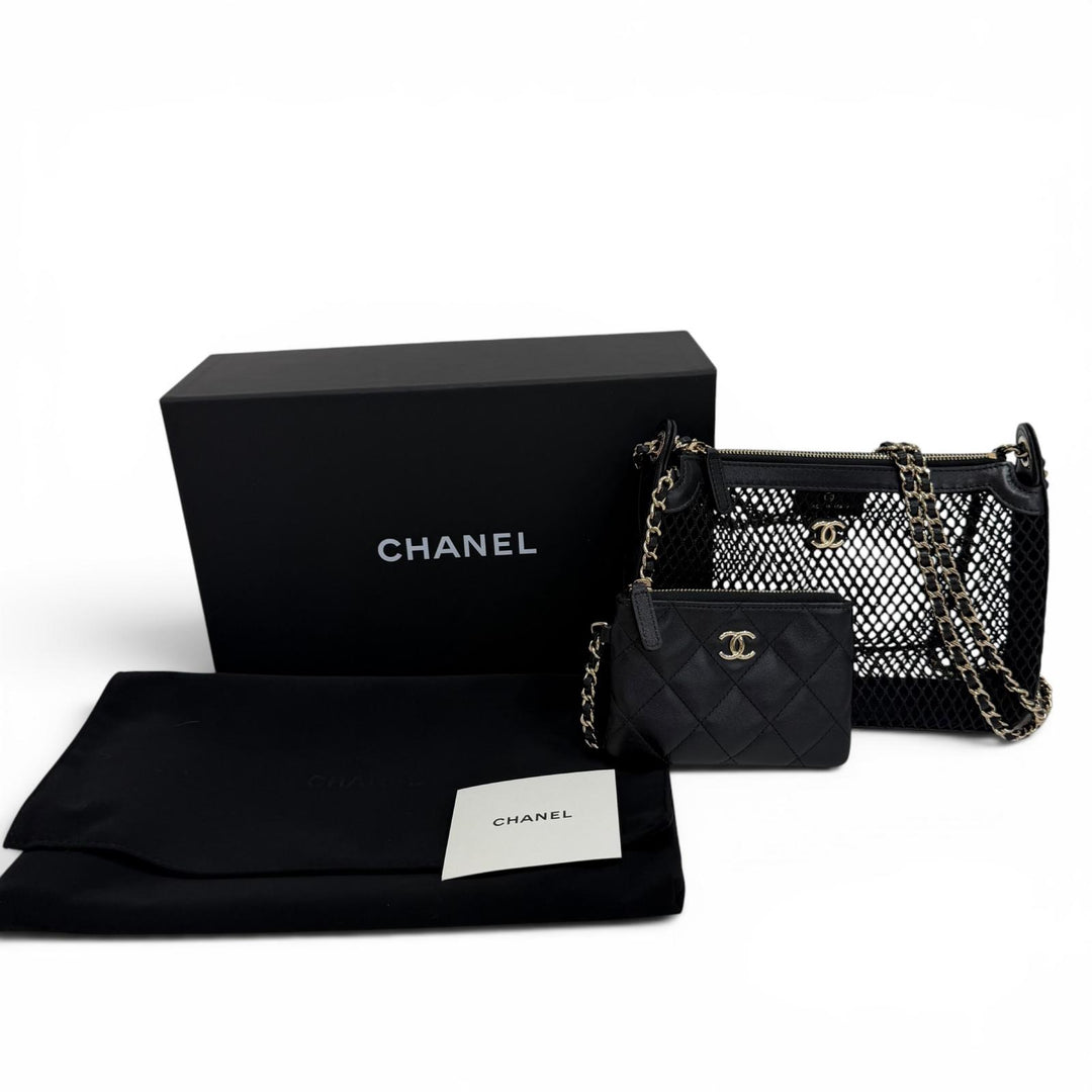 Pristine CHANEL Shoulder Bag COCO Mark Pouch with Leather Trim and Mesh AP4572