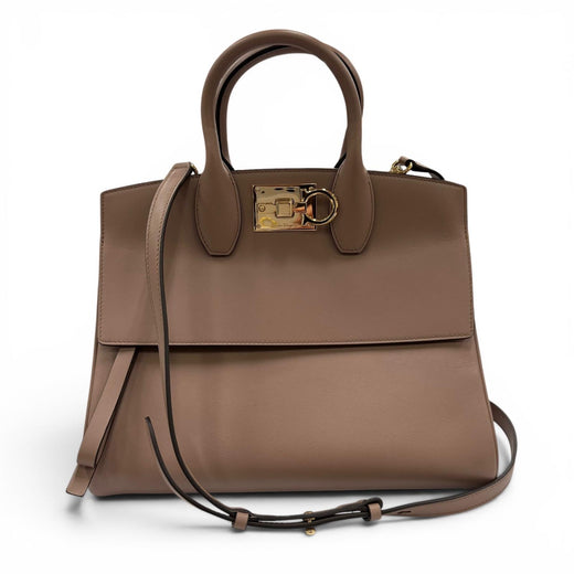Excellent Salvatore Ferragamo Handbag Studio Gancini Soft Leather 2-Way Brown