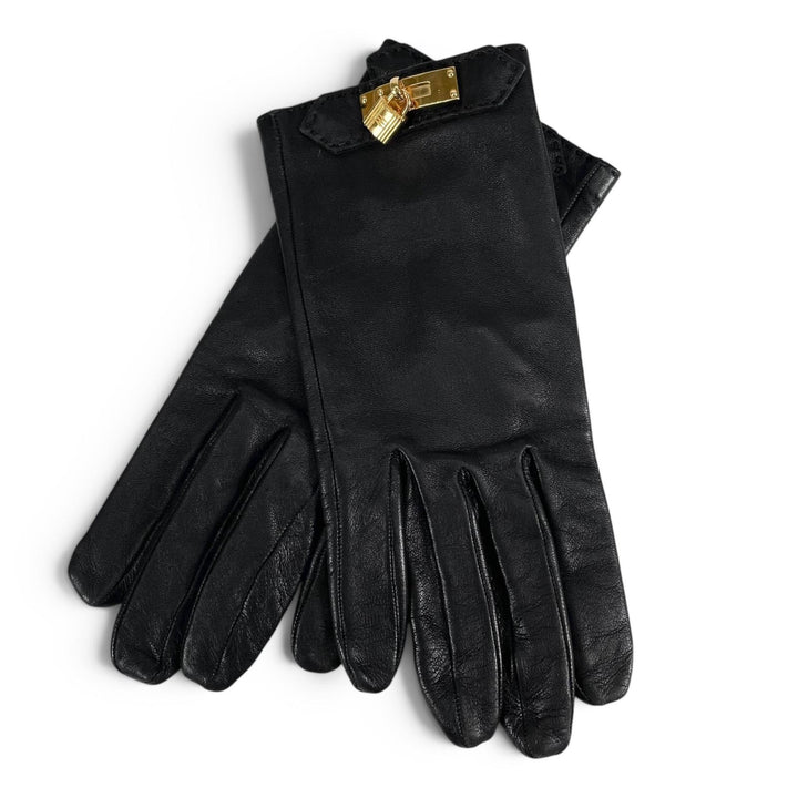 Great HERMES gloves Soya Kelly Leather Gloves black Anjou Glacé Women 7