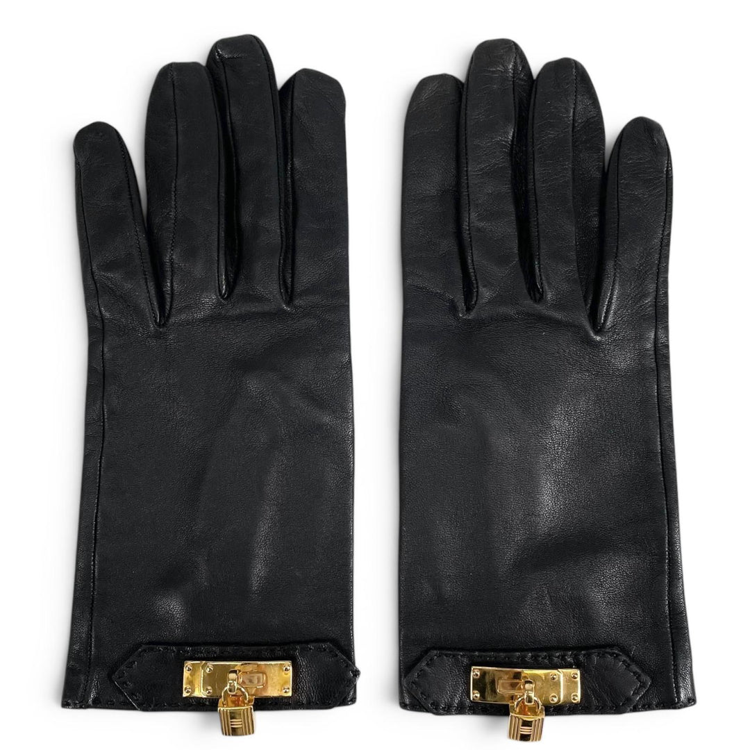 Great HERMES gloves Soya Kelly Leather Gloves black Anjou Glacé Women 7