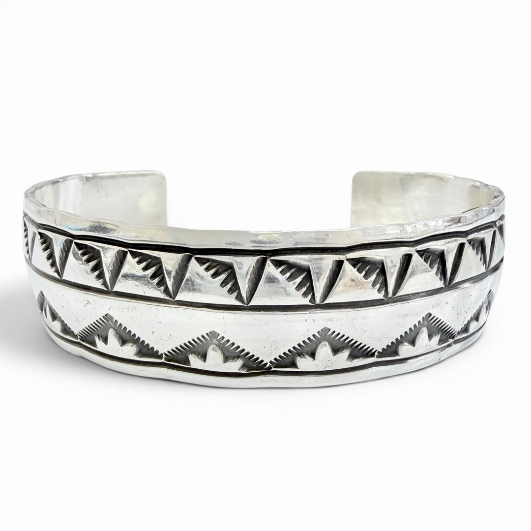 Great Navajo Stampwork Sunburst Mountain Pattern Bangle Bracelet Silver 925