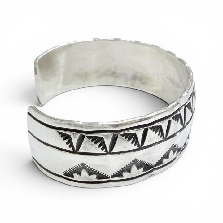 Great Navajo Stampwork Sunburst Mountain Pattern Bangle Bracelet Silver 925
