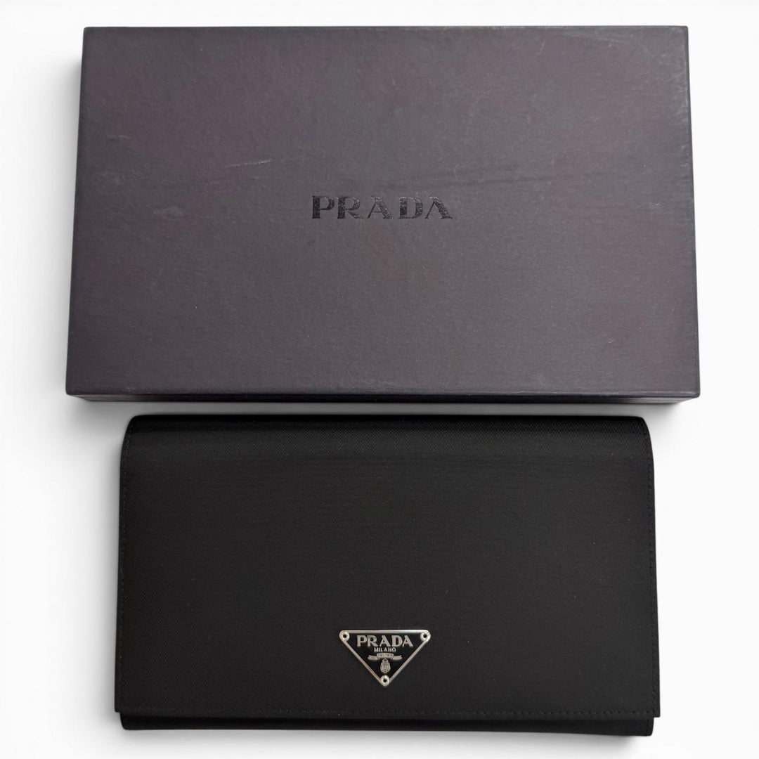 Pristine PRADA Purse Tessuto Nylon Triangle Long Wallet with Logo Bifold Wallet