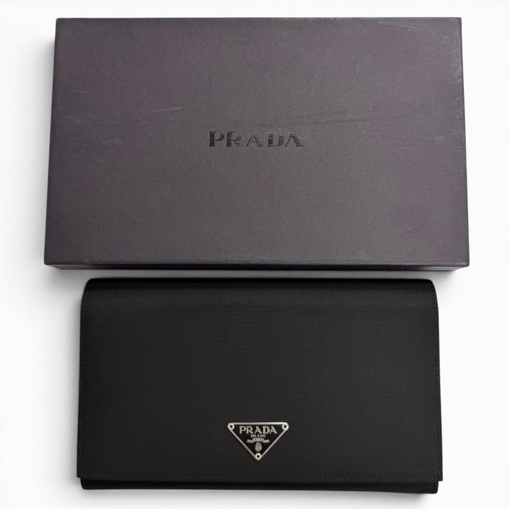 Pristine PRADA Purse Tessuto Nylon Triangle Long Wallet with Logo Bifold Wallet